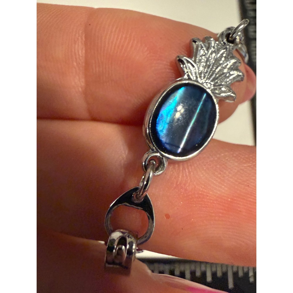 Silver Tone Blue Pineapple Bracelet Tropical Cabochon Fold Over Clasp 7.25in